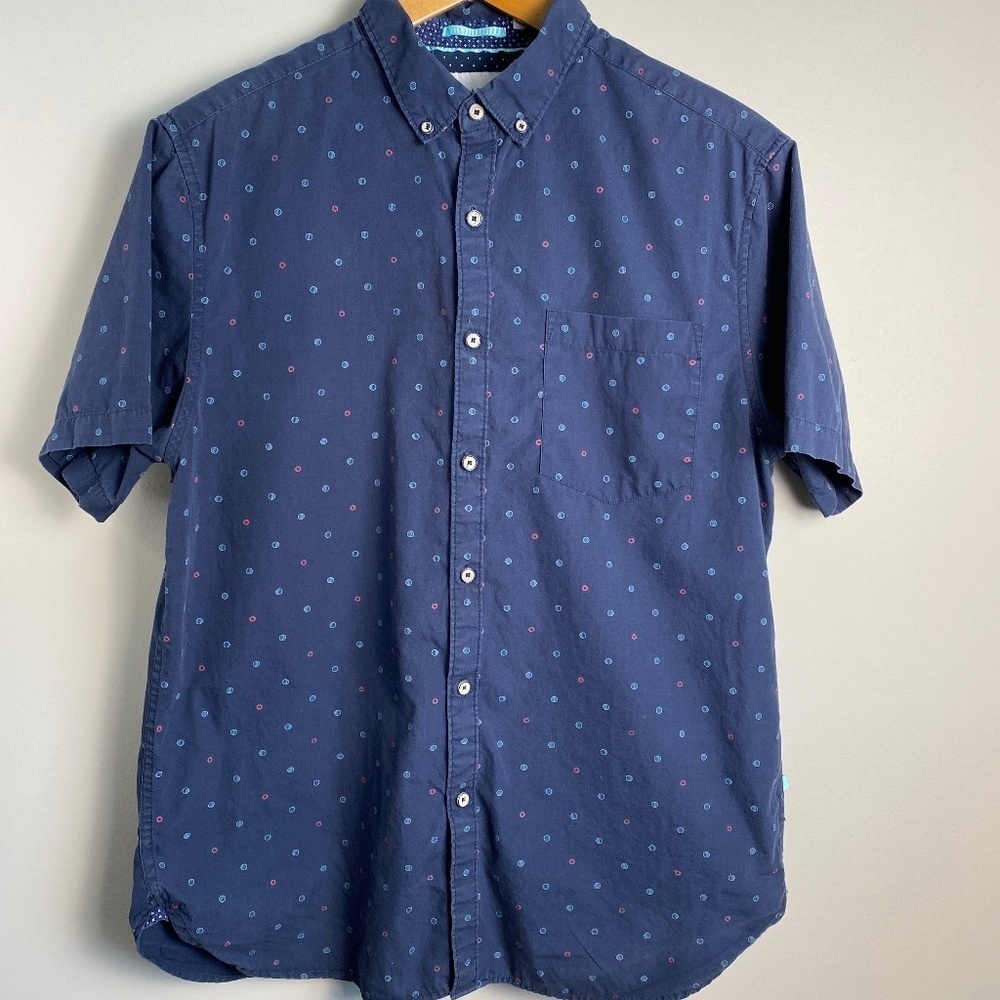 Denim & Flower Ricky Singh Blue Short Sleeve Circle Print Button Up Shirt‎ L